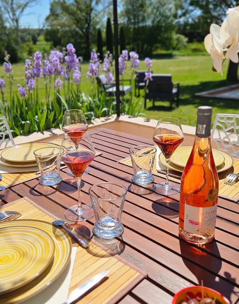 table extérieur dressée sur la terrasse avec le jardin et les iris en fleur, chambre hôte la ramade