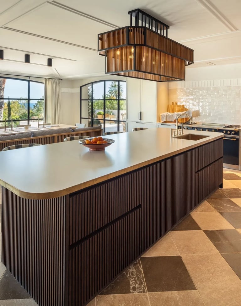 Kitchen at Villa La Gratitud with central island and sea views
