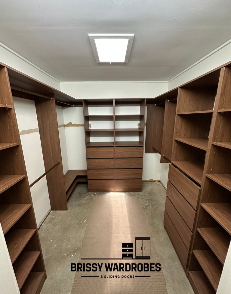 Walk-in robe coloured timber board Brisbane