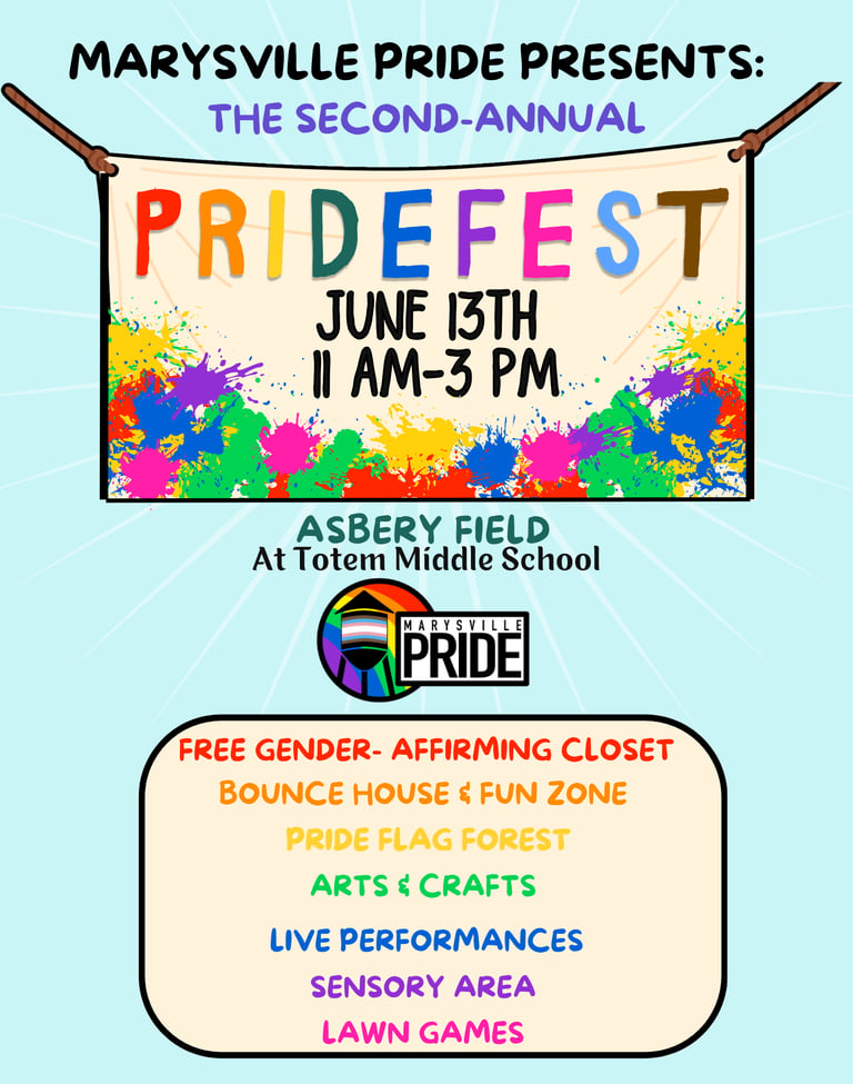 Poster for Marysville Pridefest at Asbery Field featuring family activities and a gender-affirming closet.