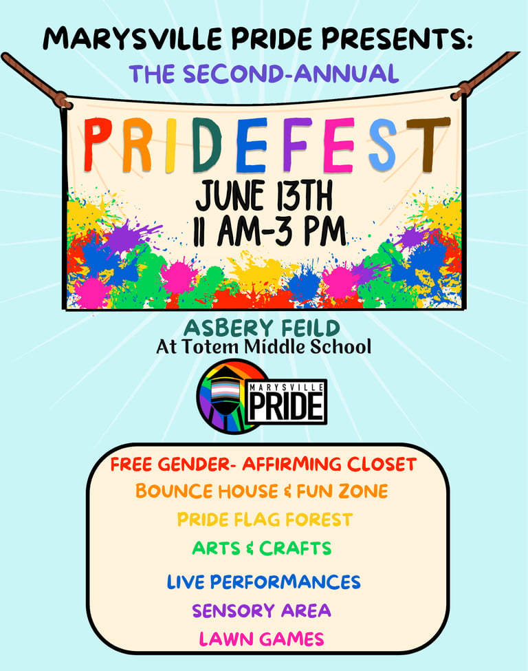 Poster for the second annual Marysville Pridefest at Asbery Field, featuring a free gender-affirming closet.