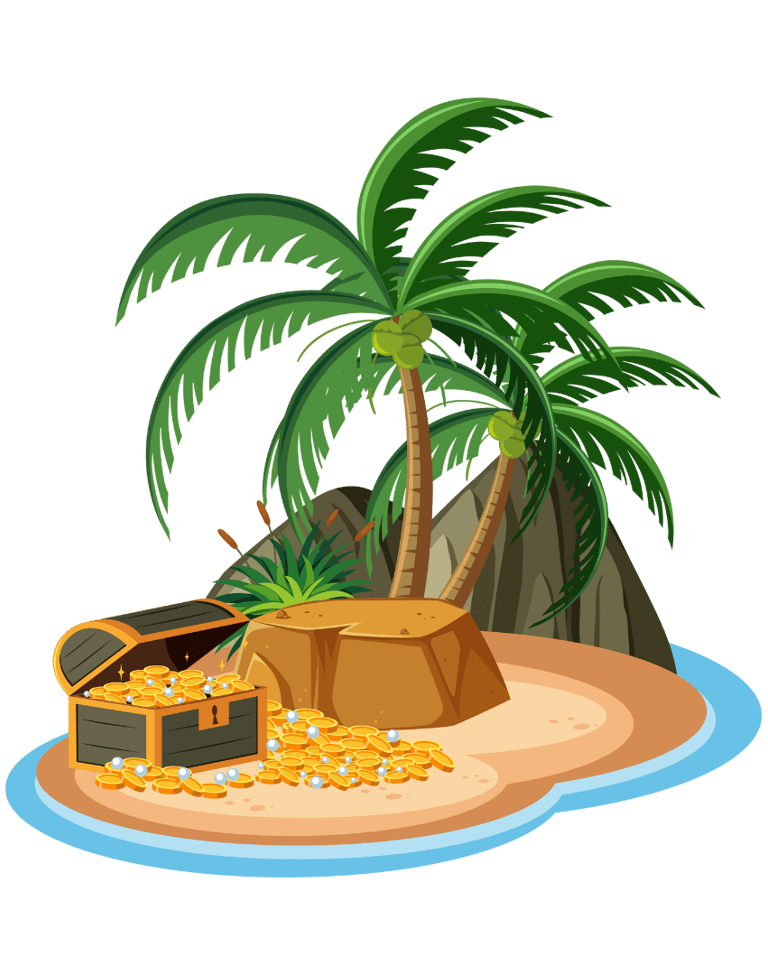 Pequena ilha deserta com um baú cheio de ouro, simbolizando recursos e patrimônio coletivo.