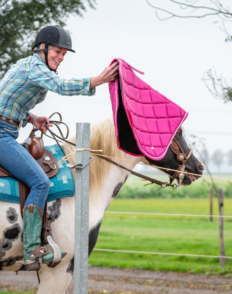 lagende cowgirl die de was ophangt terwijl ze op haar paard zit