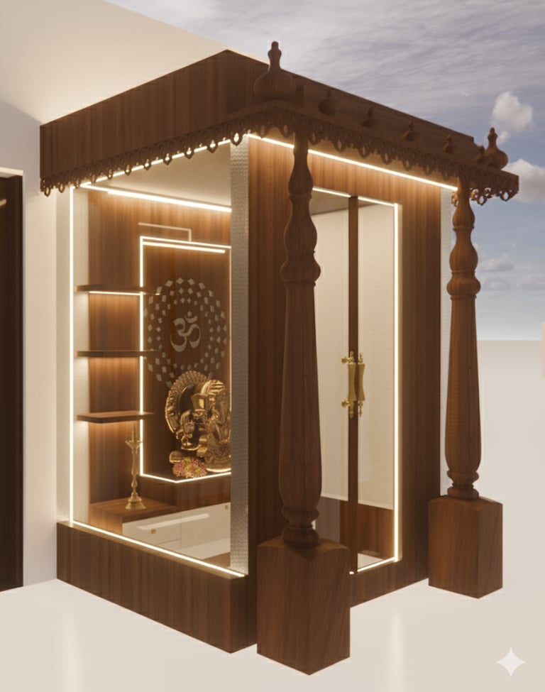 Modern wooden mandir design for home featuring LED lighting, Om symbol, and Lord Ganesha idol.
