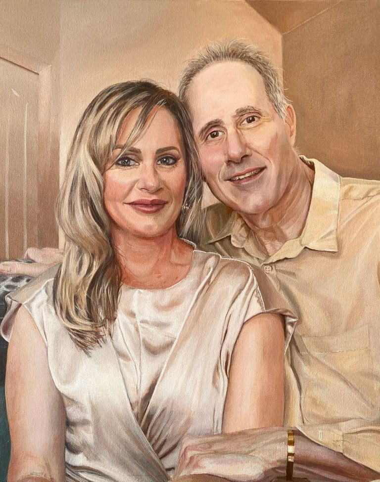 A hand-painted portrait of a happily smiling couple in a serene rose and taupe colour scheme.