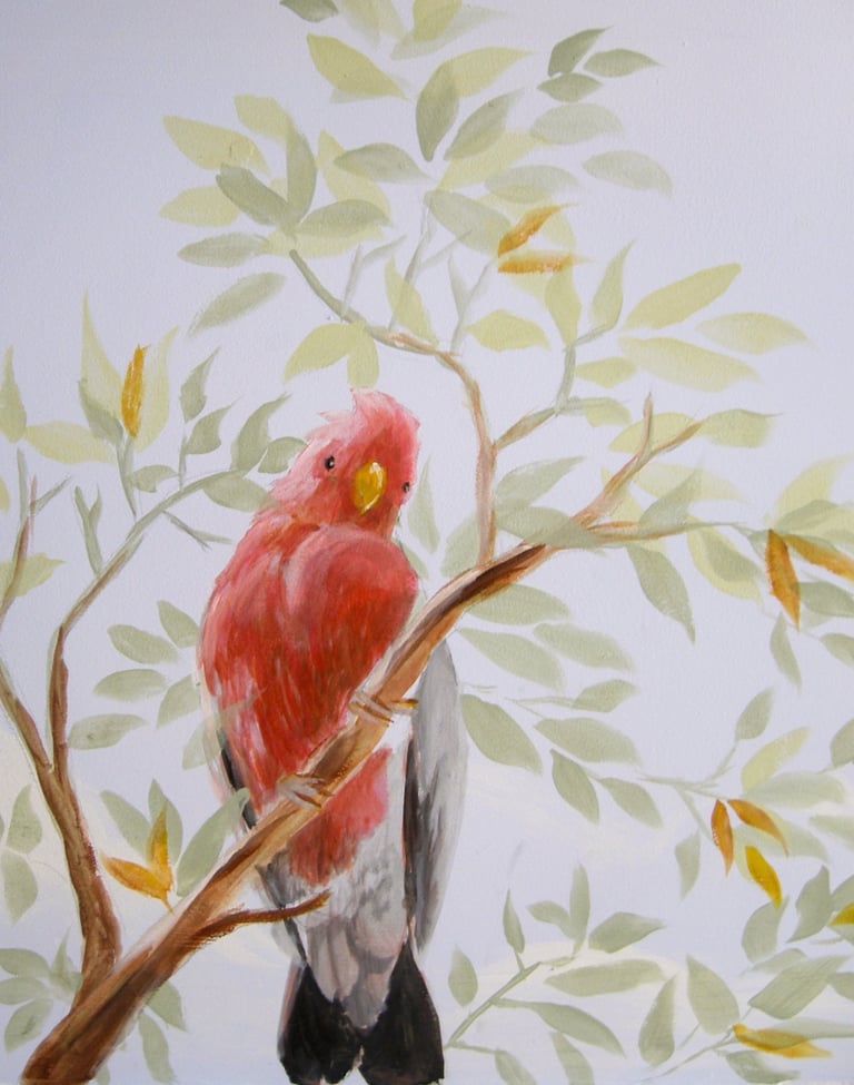 Hand-painted pink galah in eucalyptus branches — detail from Australian nursery mural, soft morning light.