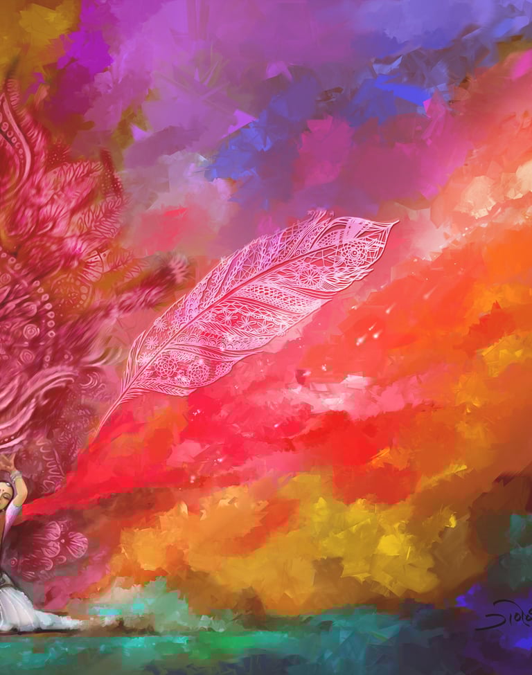 colorful digital painting of Indian woman in traditional dancing pose showing her colorful freedom