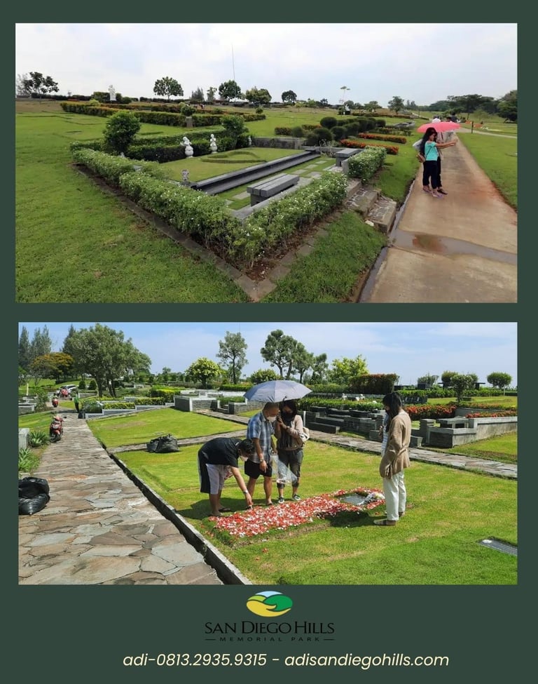 Suasana ziarah keluarga di San Diego Hills dengan area makam hijau, rapi, dan nyaman di Karawang