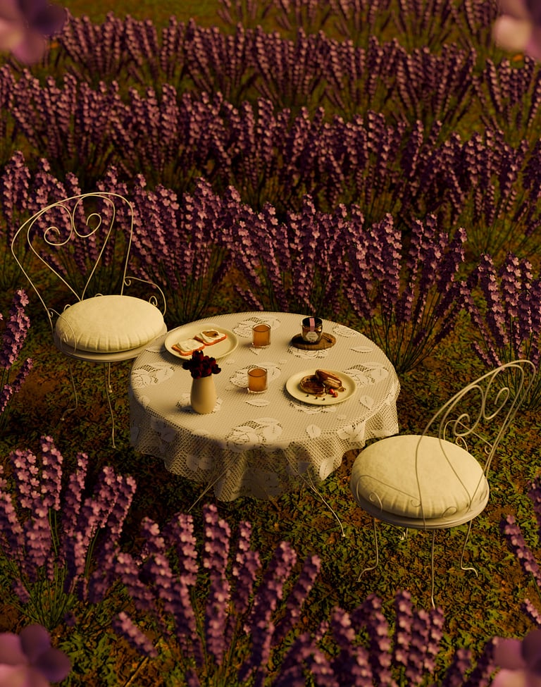Campo de lavanda con una mesa y dos sillas en el centro con el desayuno, que tiene zumo de naranja y la mel alemany. 