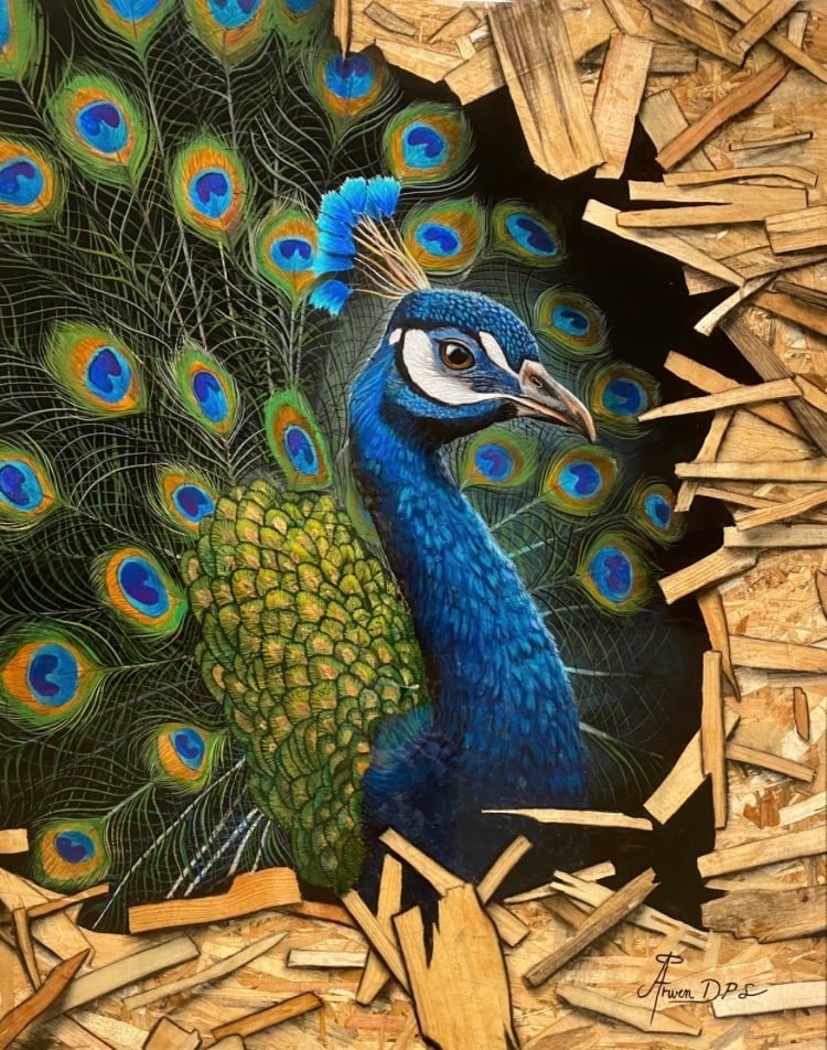Œuvre Vâhana représentant un paon déployant ses plumes, peinture réalisée sur bois OSB.