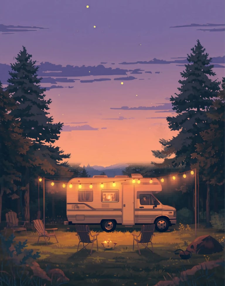 Cozy RV campsite at dusk with camp chairs and string lights — Horacio & Visconti