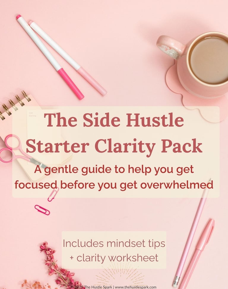 Cover image of the Side Hustle Starter Clarity Pack – a free 3-page guide to help beginners choose the right side hustle 
