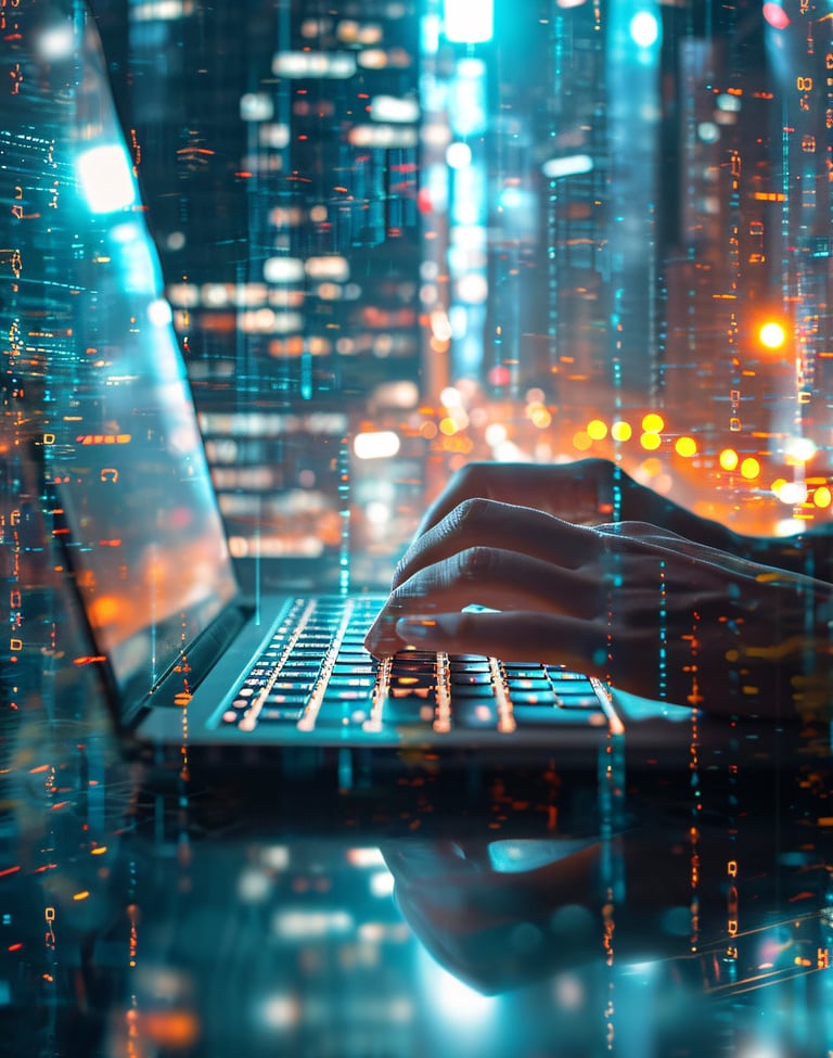 a matrix where fingers working on laptop