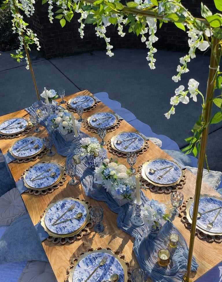 Southern bridal shower baby shower luncheon luxury picnic Blue Willow blue and white theme