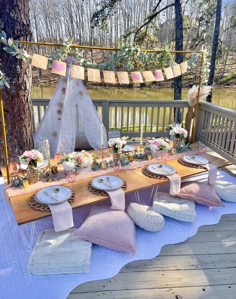 Bridal luncheon luxury picnic on dock with Miss to Mrs banner, party setups Winder GA Northeast