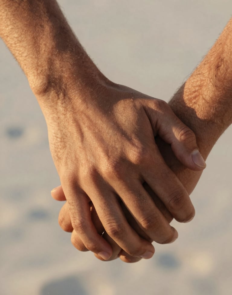 Detail shot focusing on a pair of hands gently intertwined, soft golden hour lighting, cinematic focus, warm skin tones against a pale sand white background.