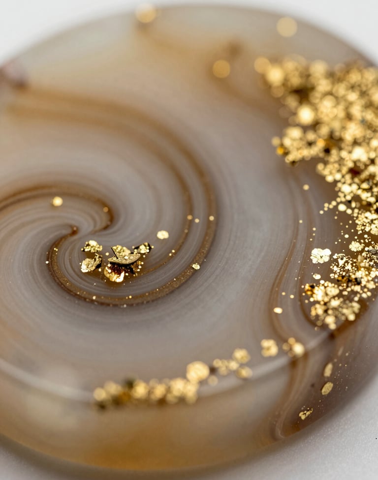 A detail-oriented macro shot of an intricate resin piece with shimmering gold flakes and soft #8C6B5E swirls. Polished, high-gloss finish under soft studio lighting.