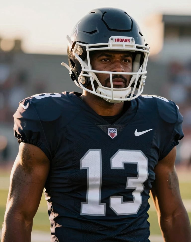 A professional sports portrait of the running back without a helmet, showing a confident and leadership-oriented gaze. Background is a stadium during golden hour. The colors are crisp, emphasizing the athlete's professionalism and focus.