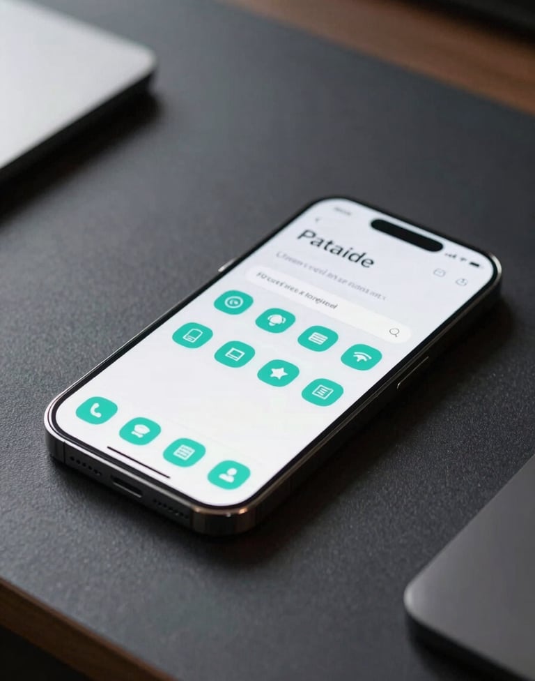 A sleek, modern smartphone resting on a minimal dark desk, showcasing a custom-designed mobile interface with clean typography and teal icons. Professional photography with soft, natural light.