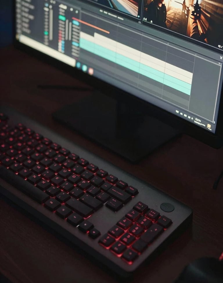 A top-down view of a video editing suite in a dark room. The keyboard keys have a subtle vivid deep red backlight. Two large monitors glow with off-white light, showing complex editing timelines and dark-themed video footage.