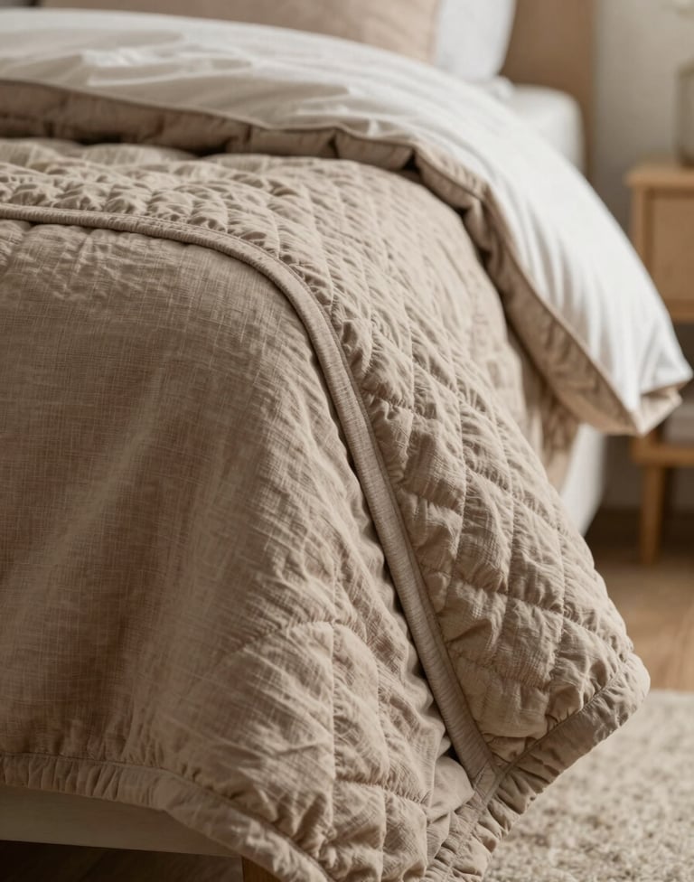 A vertical detail shot focusing on the corner of the quilt, showing the premium binding and the weight of the cotton-linen blend. The colors are a harmonious mix of warm taupe and muted sand, shot in a lifestyle setting with a soft-focus background.