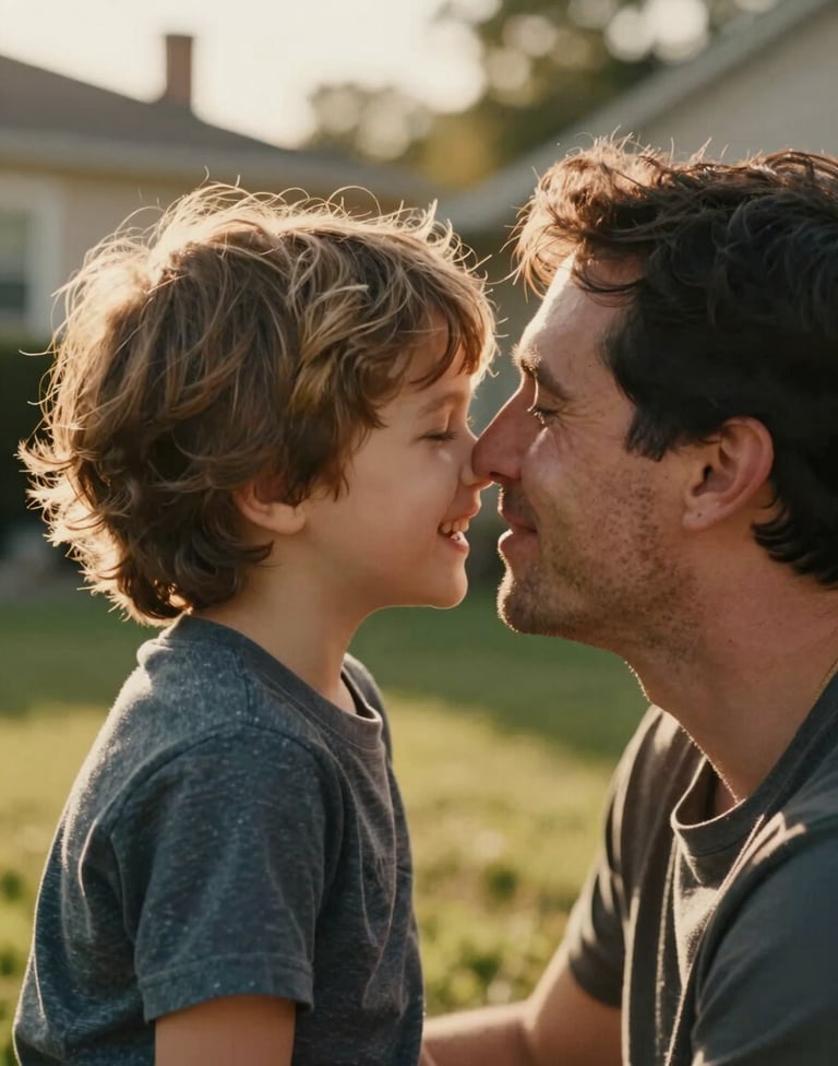 A close-up photography shot of a parent and young child sharing a secret and laughing in a sun-lit backyard, North American / US suburban setting. Authentic emotions, warm golden hour glow, cinematic and personal feel.