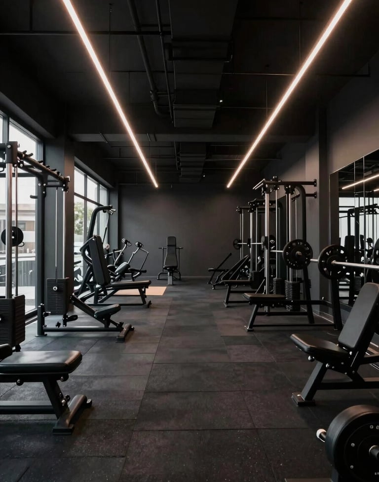 A cinematic wide shot of a designer gym interior in Sydney. The style is moody and sophisticated, using black and grey tones with a subtle soft orange accent from a singular neon light. Professional photography, wide-angle lens.