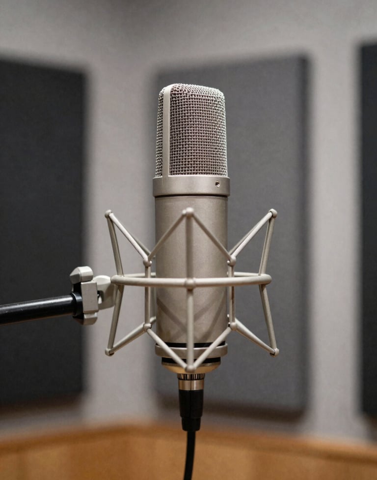 A professional studio microphone in a contemporary Latin American / Spanish recording booth. The background is blurred, showing Slate Grey acoustic panels and a clean, sophisticated atmosphere.