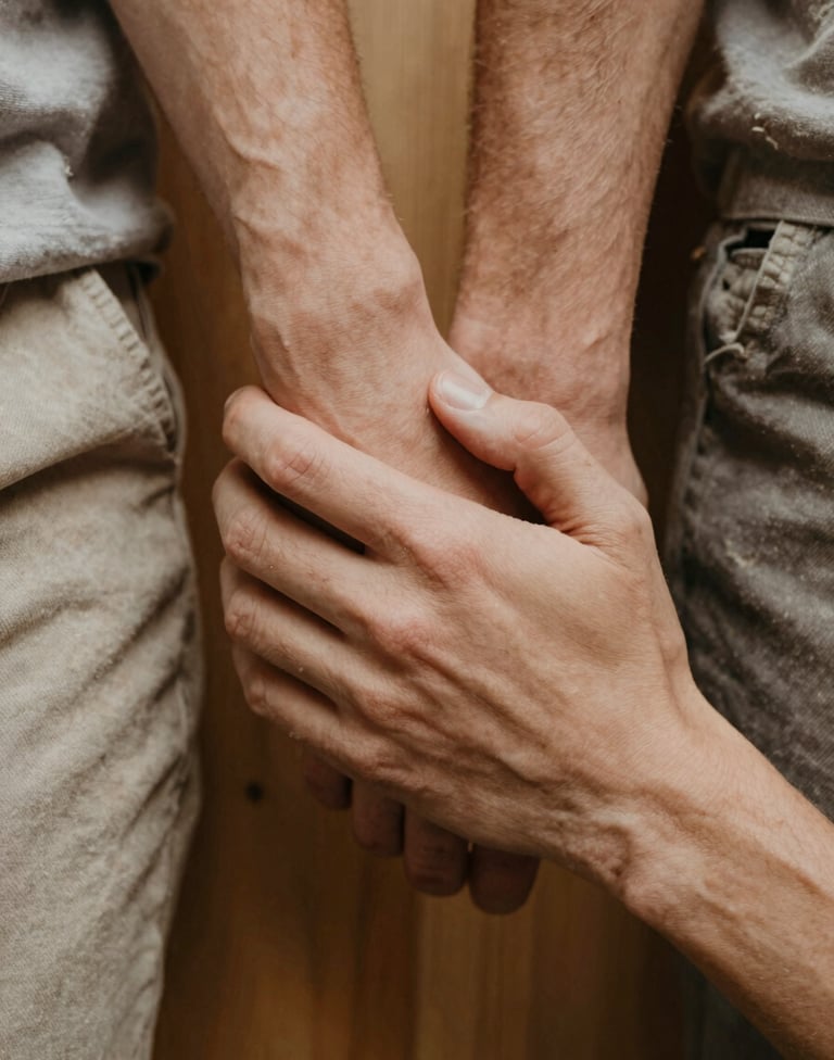 A close-up, candid shot of the couple's hands interlaced. They are wearing simple, earthy-toned clothing. The lighting is soft and natural, emphasizing the texture of the skin and the warm wood-colored background.