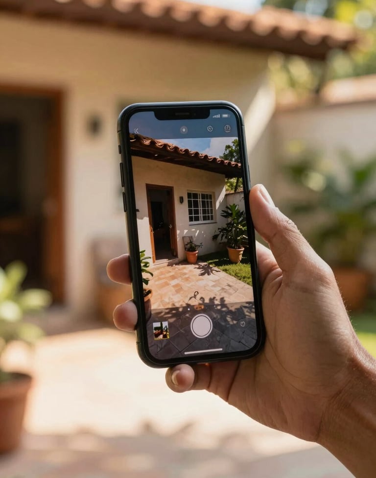 A person's hand holding a smartphone in a sunny outdoor patio in Brazil. The screen shows a high-definition 4K security feed of the property entrance. The lighting is warm and welcoming.