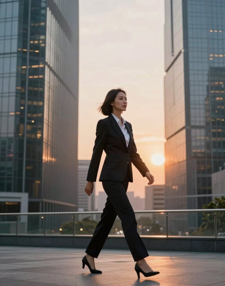 A professional woman in a modern International / Western financial district, walking confidently at golden hour with warm peach sunset light reflecting off glass buildings, minimal and sophisticated.
