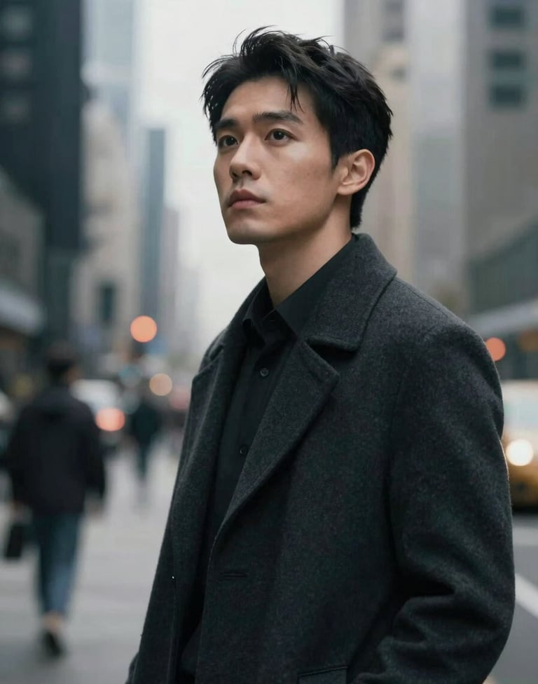 A cinematic, moody portrait of a professional copywriter in a dark coat, looking away from the camera in a modern city setting. Subtle highlights of #F8F6F2 contrast with shadows in #3A3F3B.