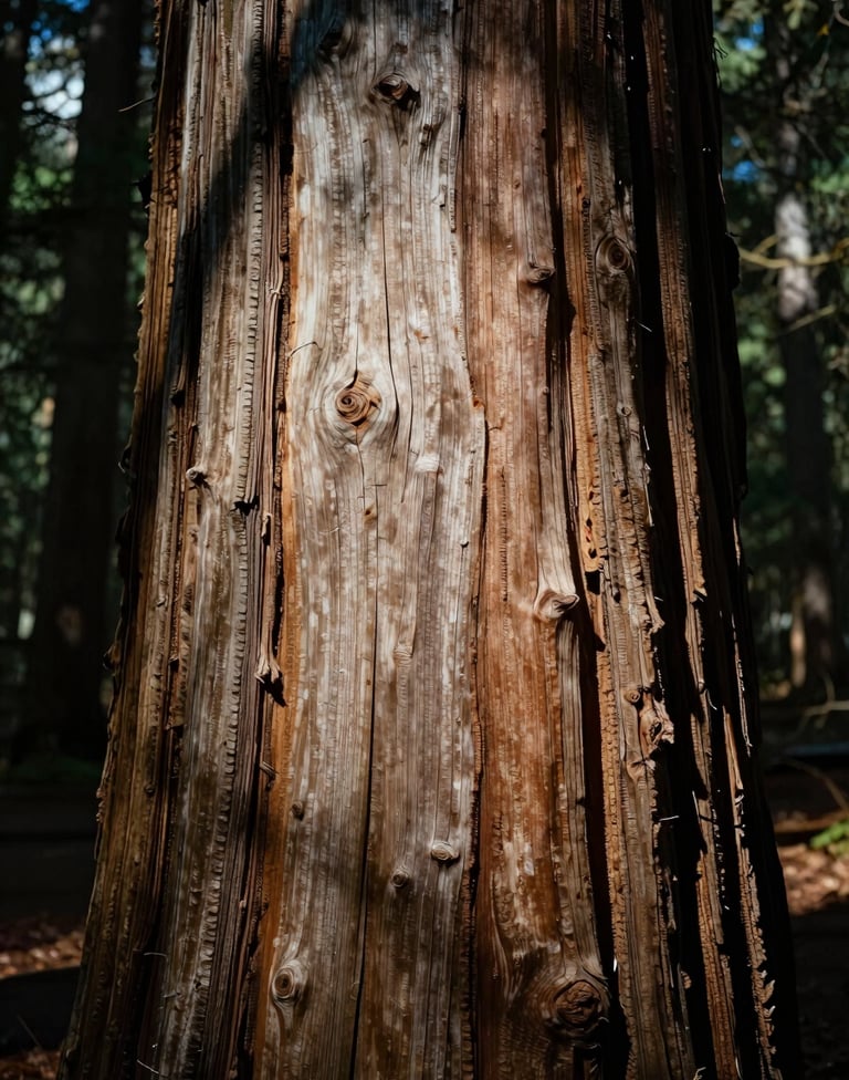 Close-up textural photography of ancient redwood bark in a North American / US forest. Side-lighting creates deep charcoal shadows and emphasizes the rich, warm off-white highlights of the natural texture. Artistic and sophisticated.