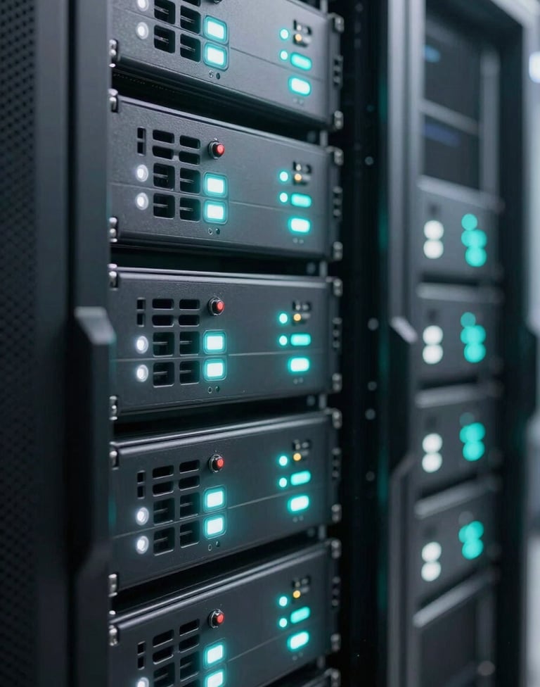 A side view of a modern server rack inside a secure data center. The scene is illuminated by small, glowing status lights in frost white and muted sea teal. The background is blurred to emphasize the hardware complexity.