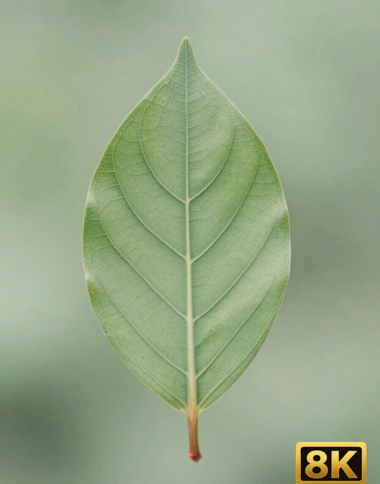 Macro photography of a single hand-painted leaf showing tiny veins and sage green highlights, soft focus artistic background in light green tones.