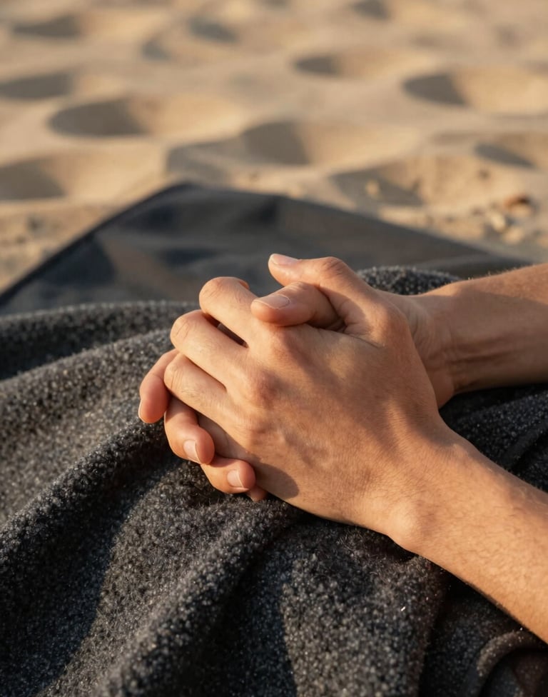 Detail shot of two hands intertwined, resting on a charcoal colored woolen blanket. The setting is an outdoor picnic during the golden hour. The focus is sharp on the connection, with a soft, blurred background of warm beige sand.