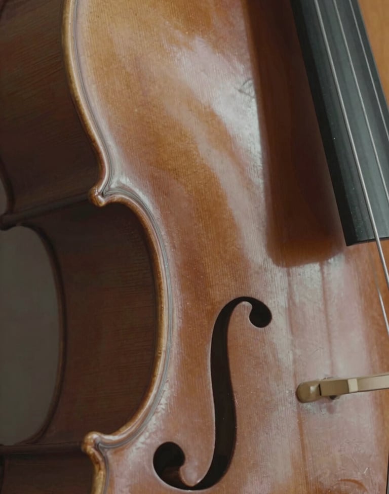 An abstract shot of light reflecting off a cello's curved surface. Muted brown and soft off-white highlights. Minimalist and elegant composition.