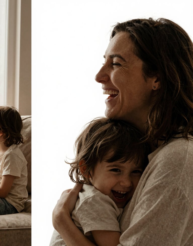 A vertical composition with a pure white background. On the far left edge, a narrow strip of photography shows a mother laughing with her child in a sun-lit room. Cinematic lighting, muted tan and warm beige tones.