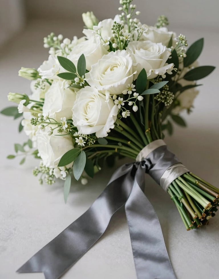 Macro photography of a bridal bouquet with white flowers and soft greenery, resting on a charcoal grey silk ribbon. Soft, diffused indoor lighting, clean and sophisticated composition.
