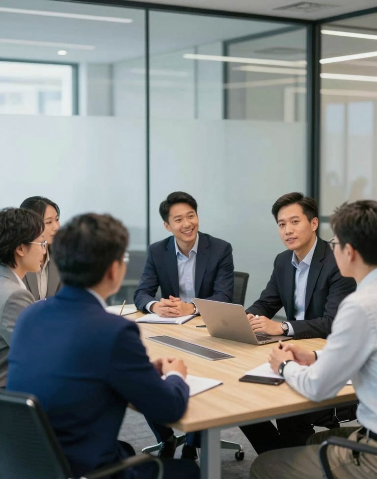 A candid, sophisticated photo of professionals engaged in a venture capital or startup strategy meeting in a modern glass office. Incorporate colors #0A1128, #1E3F66, #E2B941, and #F5F8FA.