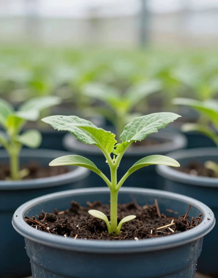 A close-up shot of vibrant green seedlings emerging from Dark Slate Blue ceramic pots in a North American / US greenhouse. The lighting is bright and airy, emphasizing growth and sustainability.