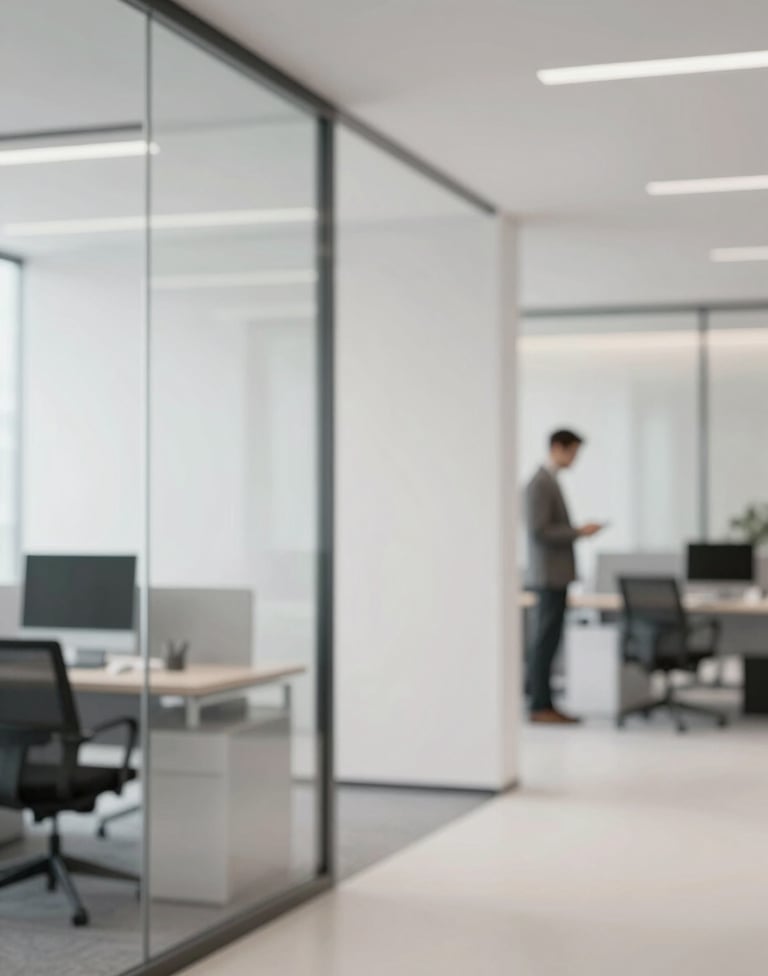 Modern office interior with clean lines and glass partitions. A blurred professional in the background, focusing on the minimalist aesthetic and bright, airy atmosphere. Dominant colors #FDFDFD and #A39E97.