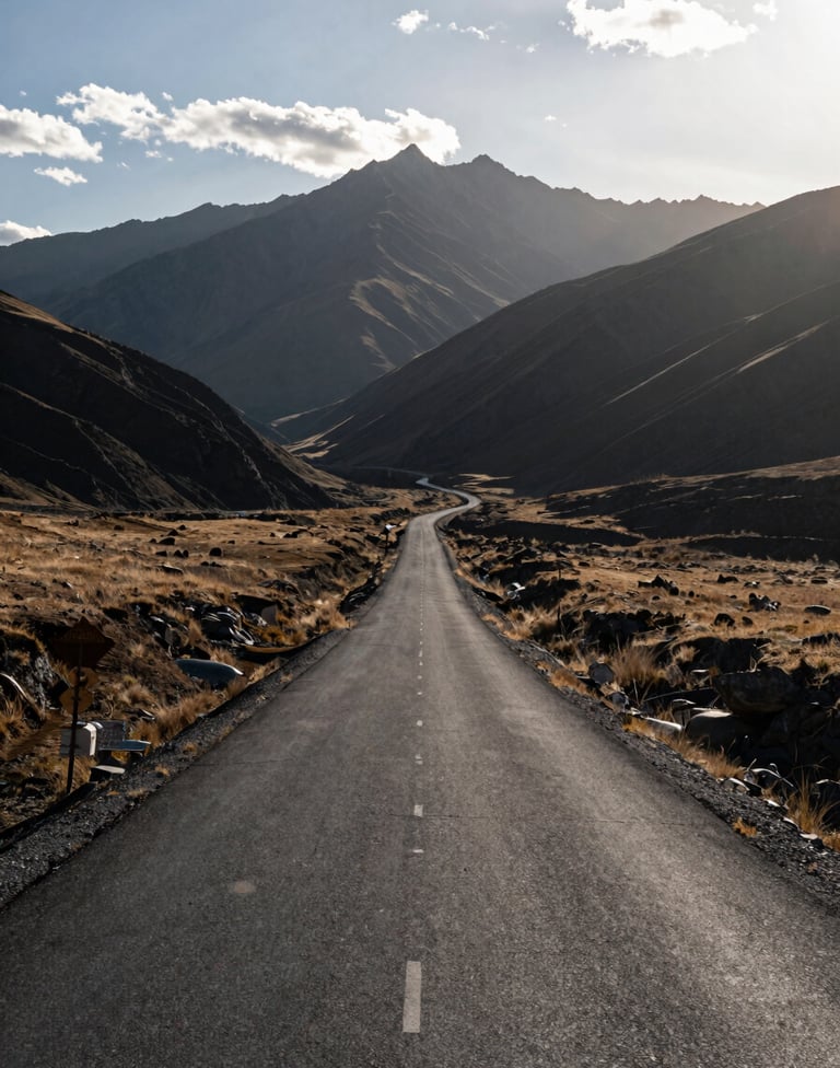 A wide angle landscape shot of a winding asphalt road cutting through a vast Global / Western valley. Cinematic lighting with the sun peeking over a peak, casting long dark charcoal shadows.