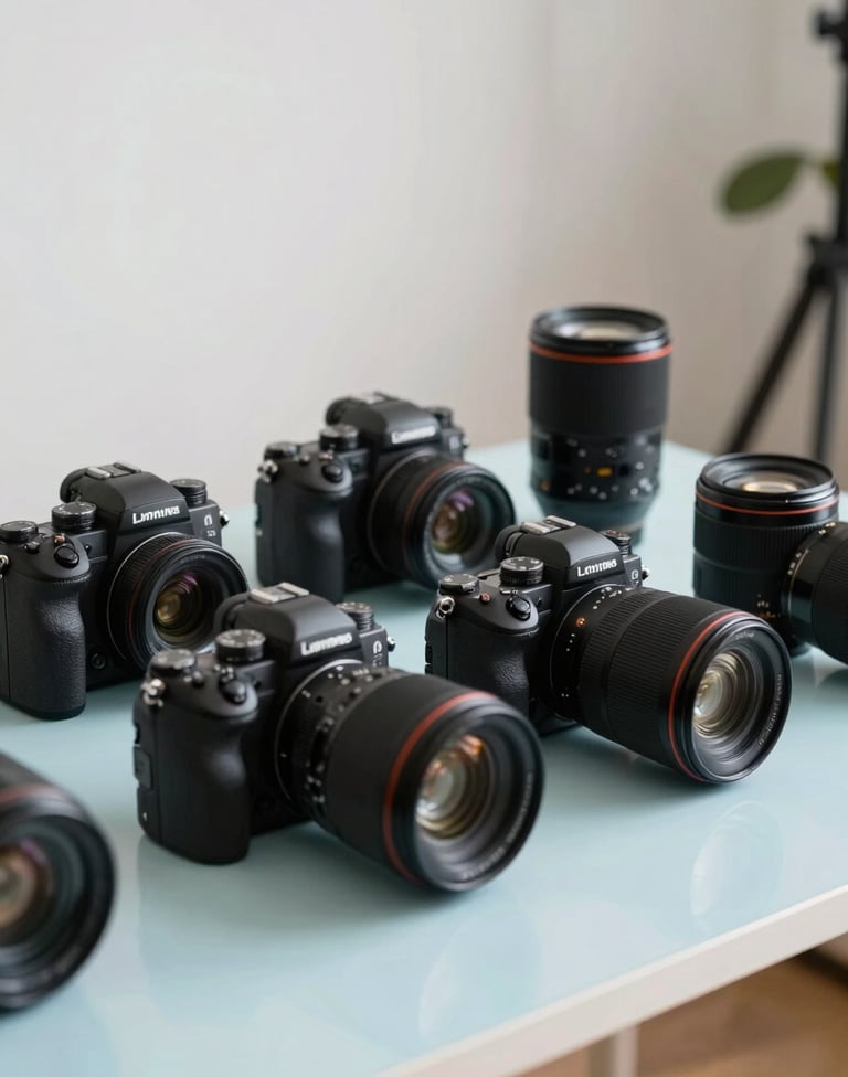 An inspiring shot of a professional camera review setup in a North American studio. Multiple high-end cameras and lenses are arranged on a clean, light blue desk under soft, diffused professional lighting, reflecting a trustworthy and modern atmosphere.