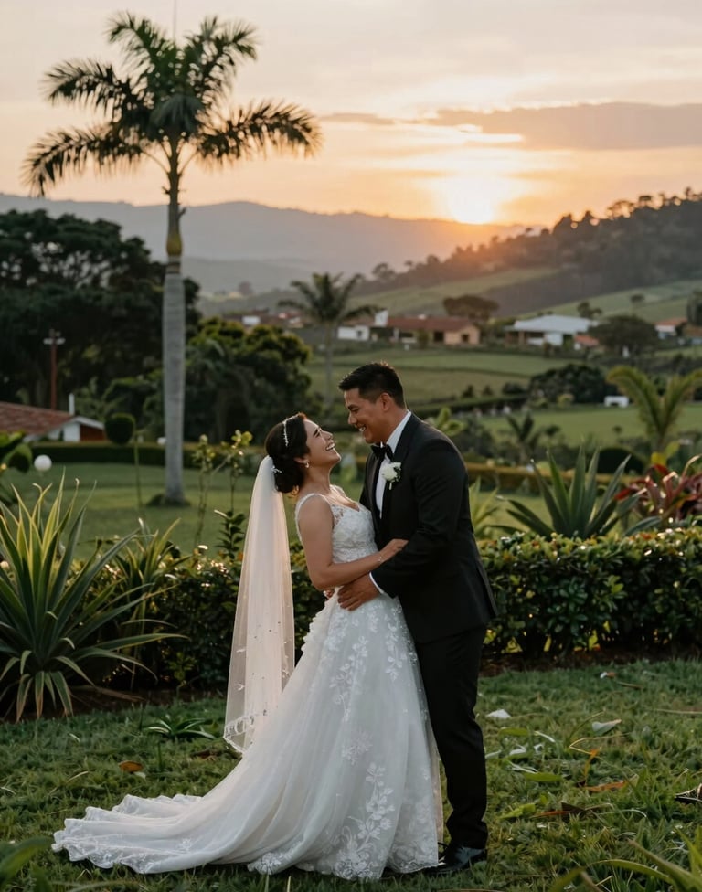 A joyful wedding couple laughing during a sunset photoshoot in a lush green garden in Palmira, Valle, South American / Colombian region, captured in a modern, minimalist photography style.