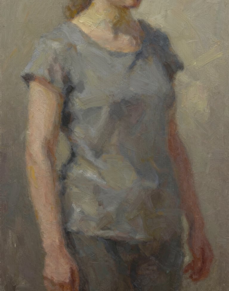 A detail shot of an oil painting on canvas. The texture of the brushstrokes is visible, featuring a palette of #5F5B54 and #CFC8B7. The lighting is focused and warm, emphasizing the craftsmanship.