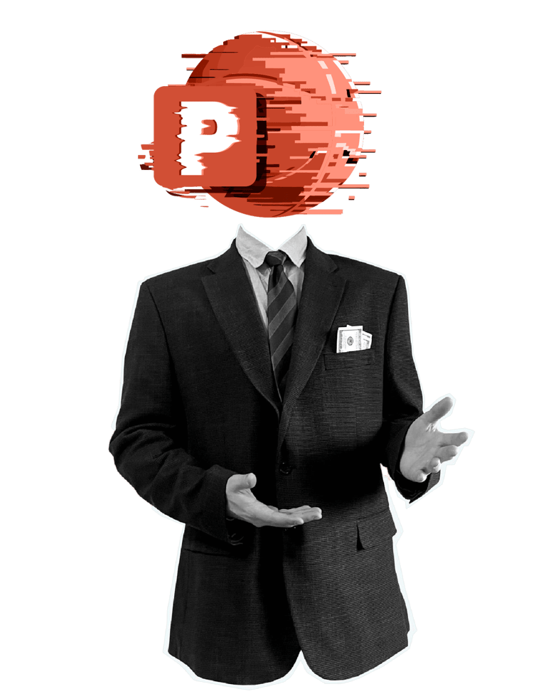 Ein Geschäftsmann, der das Powerpoint Logo als Kopf hat - kunstvoll