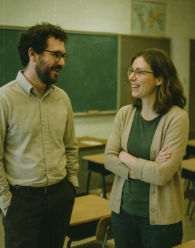 Deux enseignants discutent en classe pour la journée mondiale des enseignants.