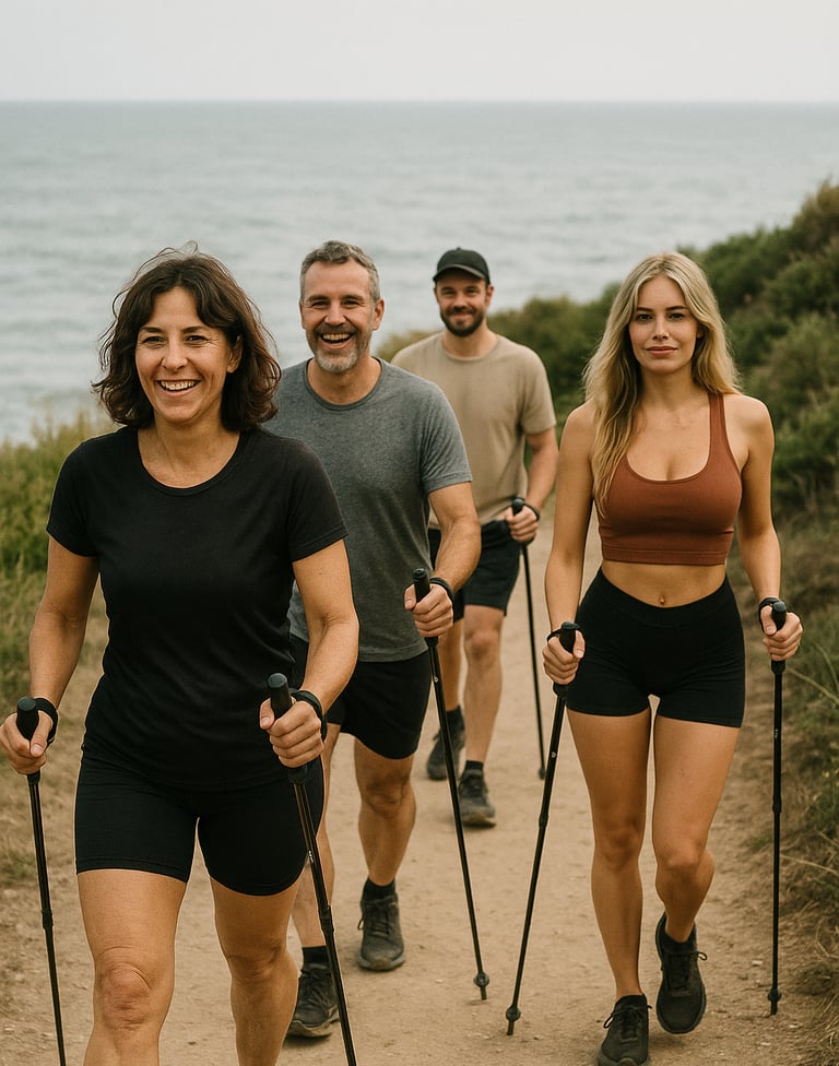 Un groupe d'amis fait de la marche nordique pour la journée nationale de la marche nordique.