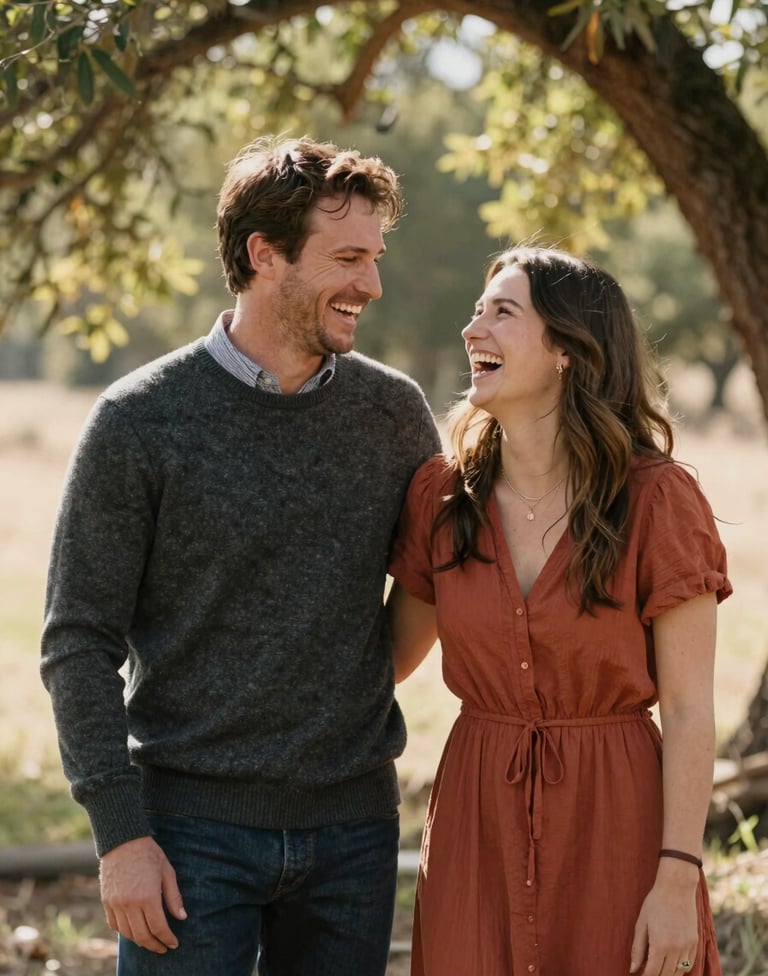A medium shot of a couple in a North American / General Western setting, sharing a genuine laugh. One is wearing a charcoal sweater and the other a terracotta dress, surrounded by sun-drenched trees.